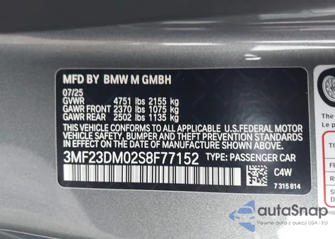 2025 BMW M2 from USA, damaged, VIN 3MF23DM02S8F77152